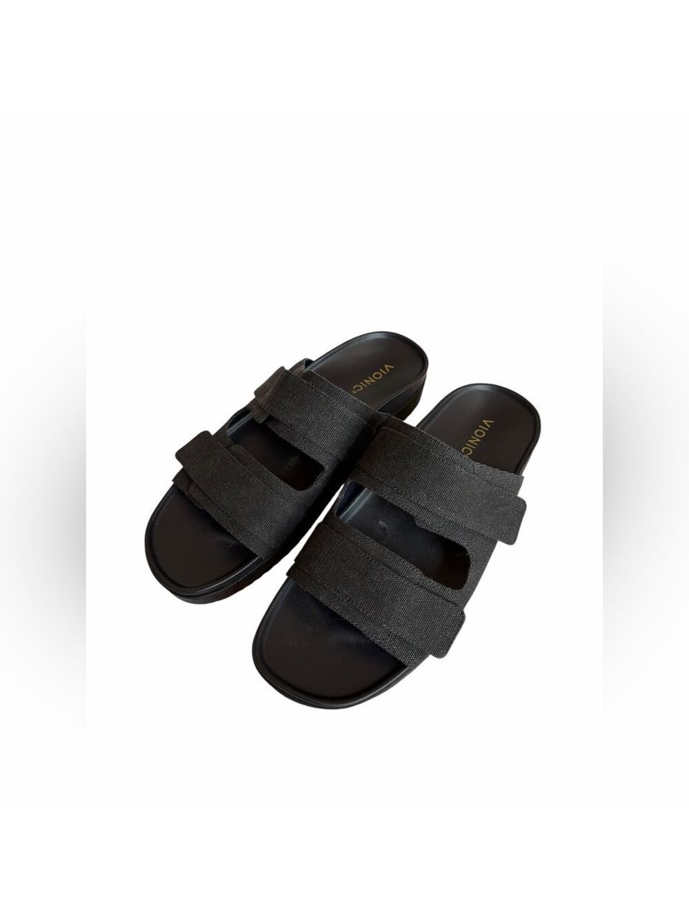 Vionic Riviera Women’s Black Canvas Adjustable Strap Slide Sandals EUC Size 12